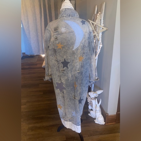 Vintage Upcycled Maxi Denim Jacket Primitive Moon & Stars Boho Shabby Country 3X - Picture 2 of 16